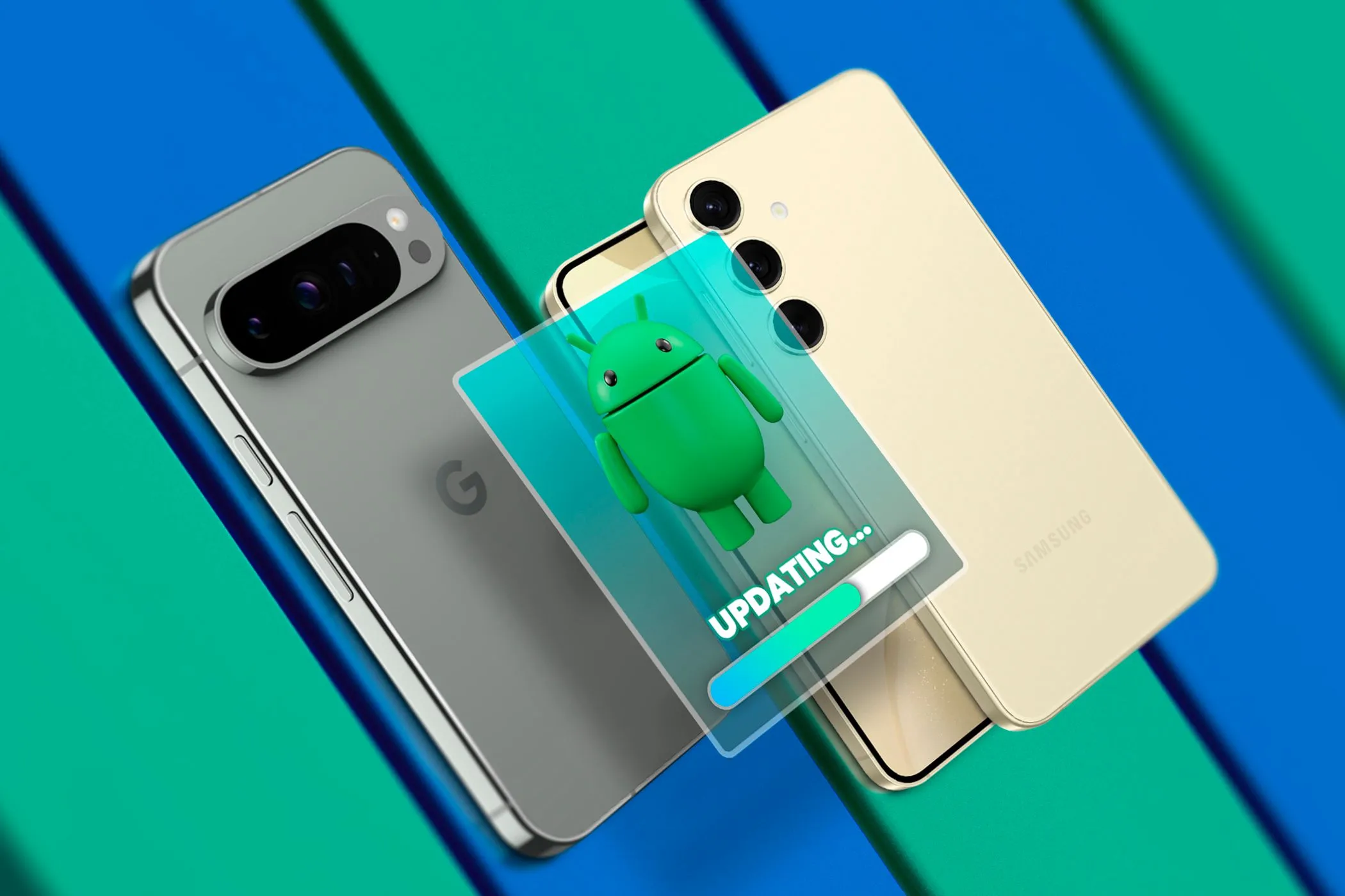 Điện thoại Google Pixel và Samsung Galaxy, với hình ảnh cập nhật Android phía trên các thiết bị.