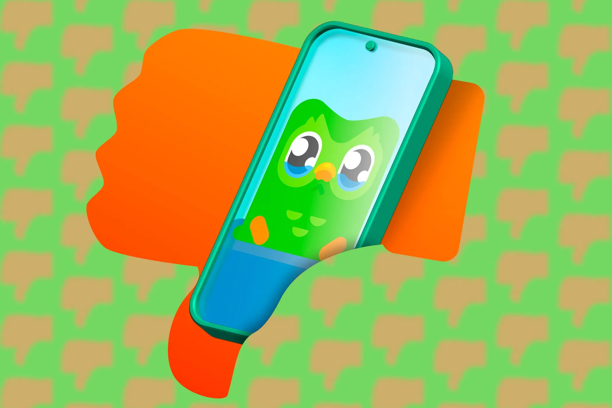 Điện thoại hiển thị ứng dụng Duolingo kèm biểu tượng ngón tay cái hướng xuống, minh họa rủi ro quyền riêng tư của ứng dụng học ngôn ngữ