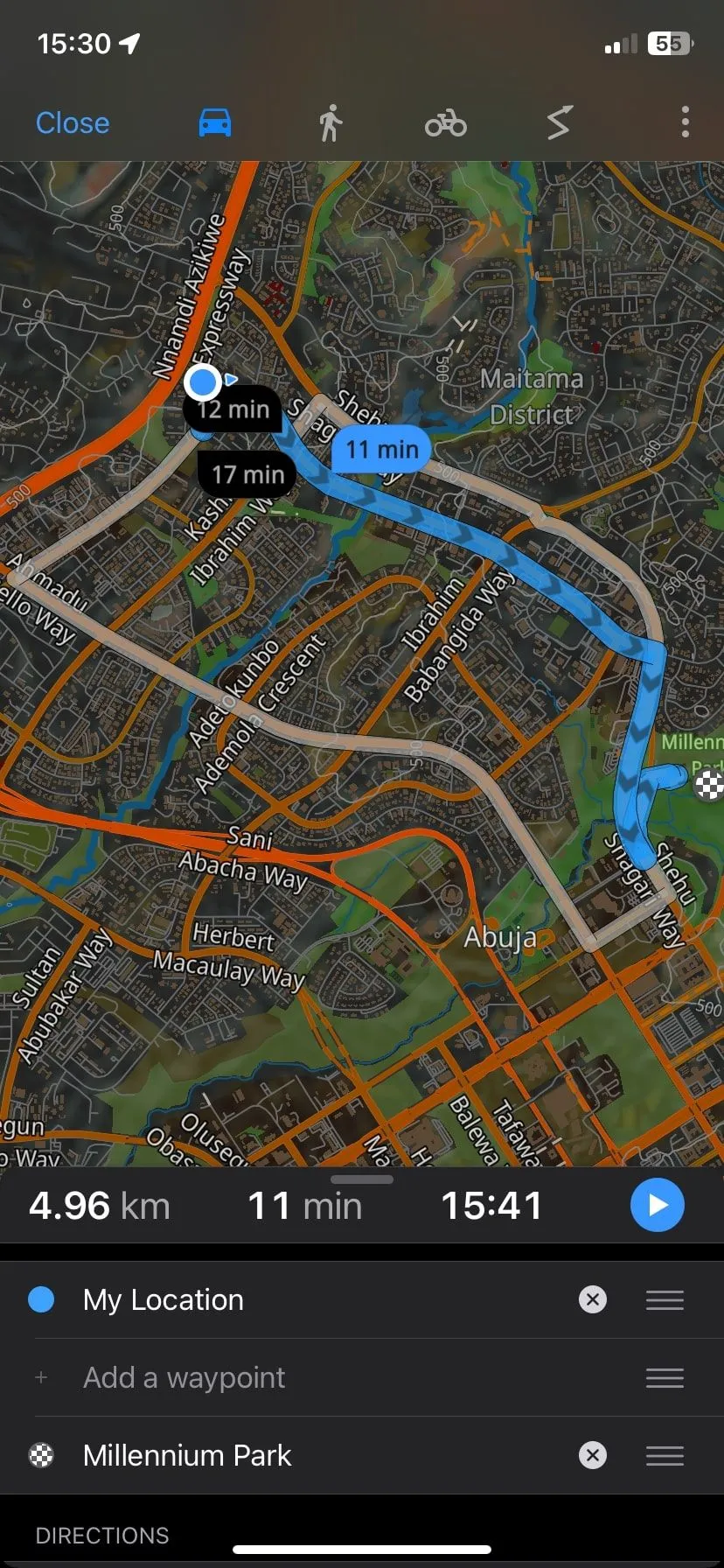 Điều hướng tuyến đường ô tô trên ứng dụng Guru Maps offline