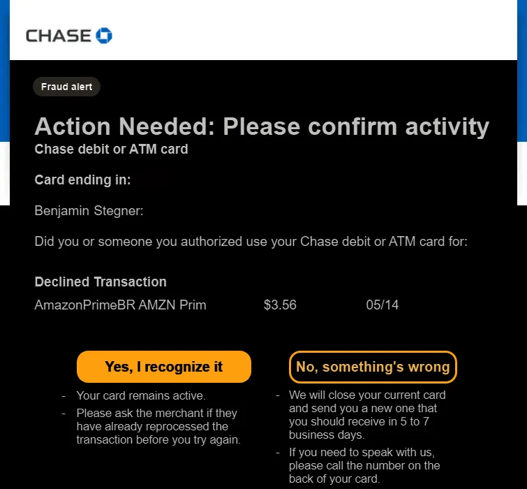 Email cảnh báo gian lận giao dịch từ ngân hàng liên kết với Amazon
