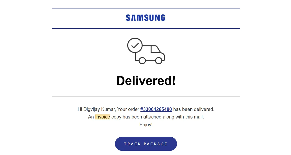 Email xác nhận đơn hàng từ Samsung hiển thị hóa đơn và thông tin sản phẩm