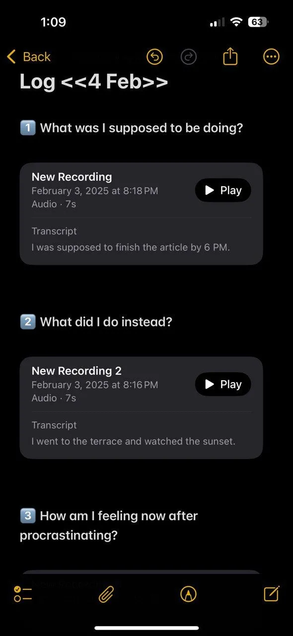 Ghi chú giọng nói đã được chuyển văn bản trong nhật ký trì hoãn Apple Notes