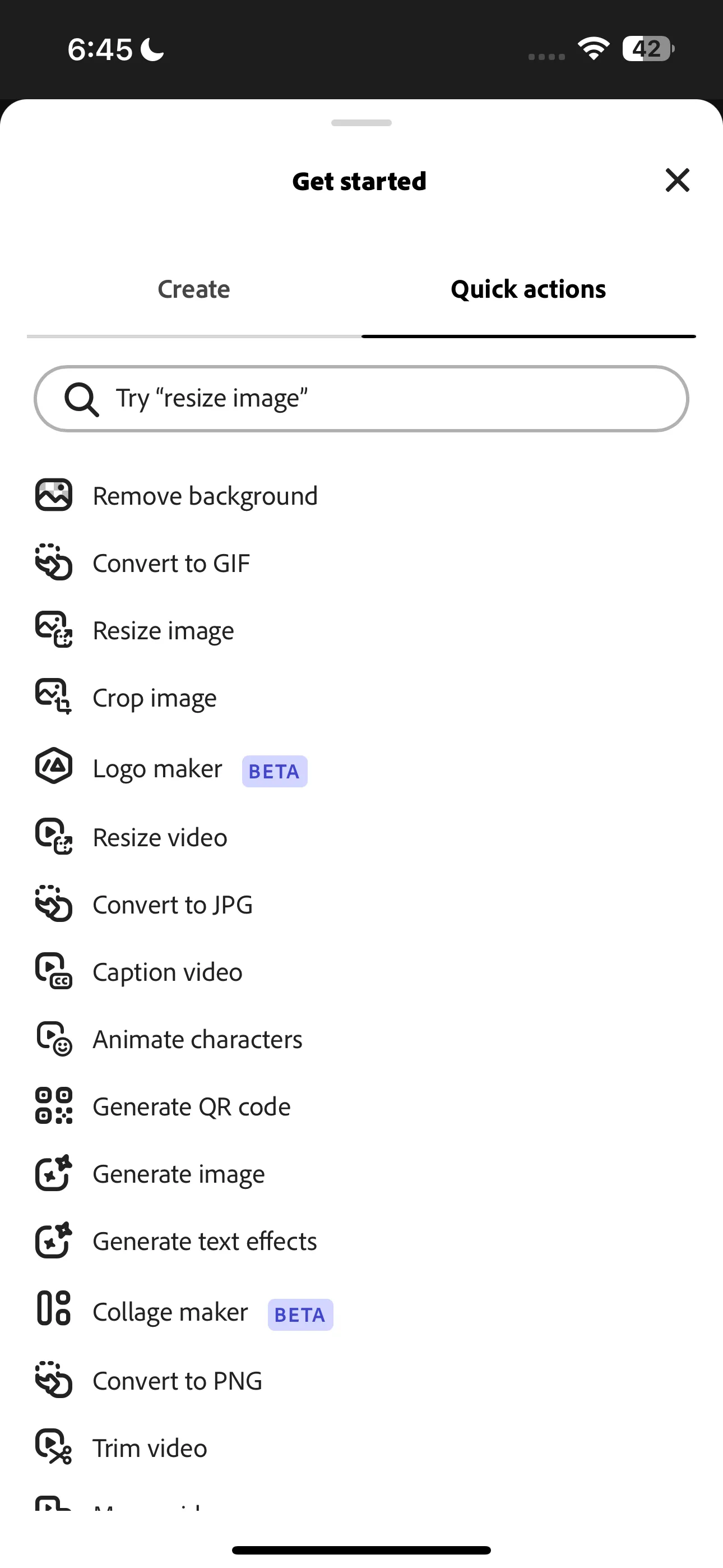 Giao diện Adobe Express hiển thị danh sách các tính năng Quick Actions nổi bật