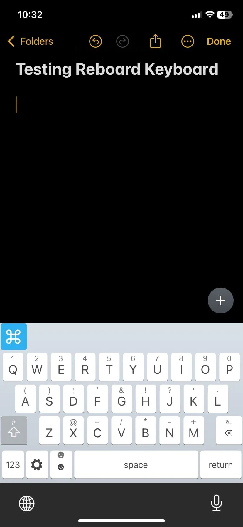 Giao diện bàn phím ReBoard trên ứng dụng Ghi chú của iPhone