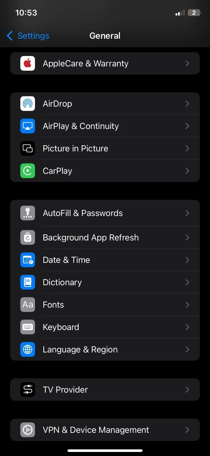 Giao diện cài đặt chung trên iPhone