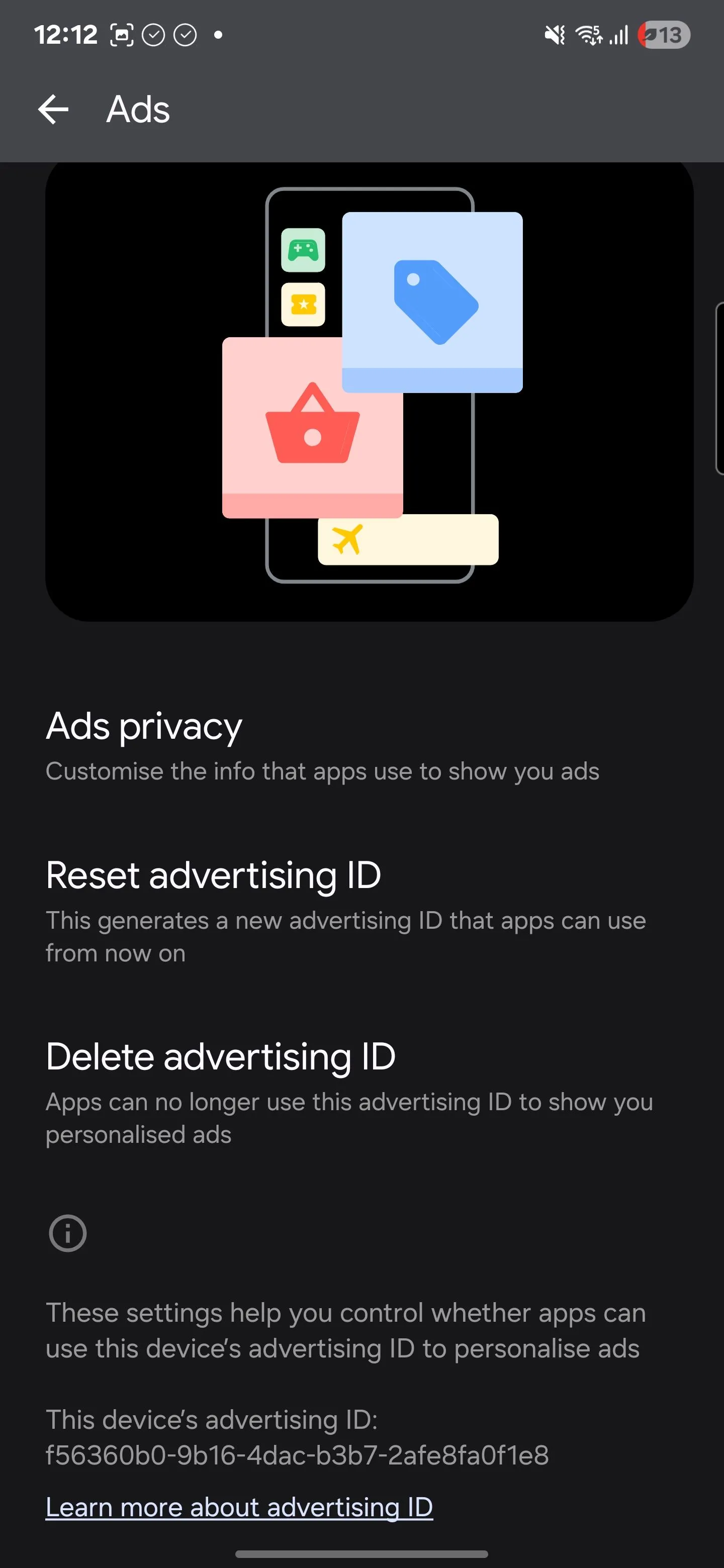 Giao diện cài đặt Google Ads trên Android, hiển thị tùy chọn &quot;Xóa ID quảng cáo&quot; để vô hiệu hóa cá nhân hóa quảng cáo
