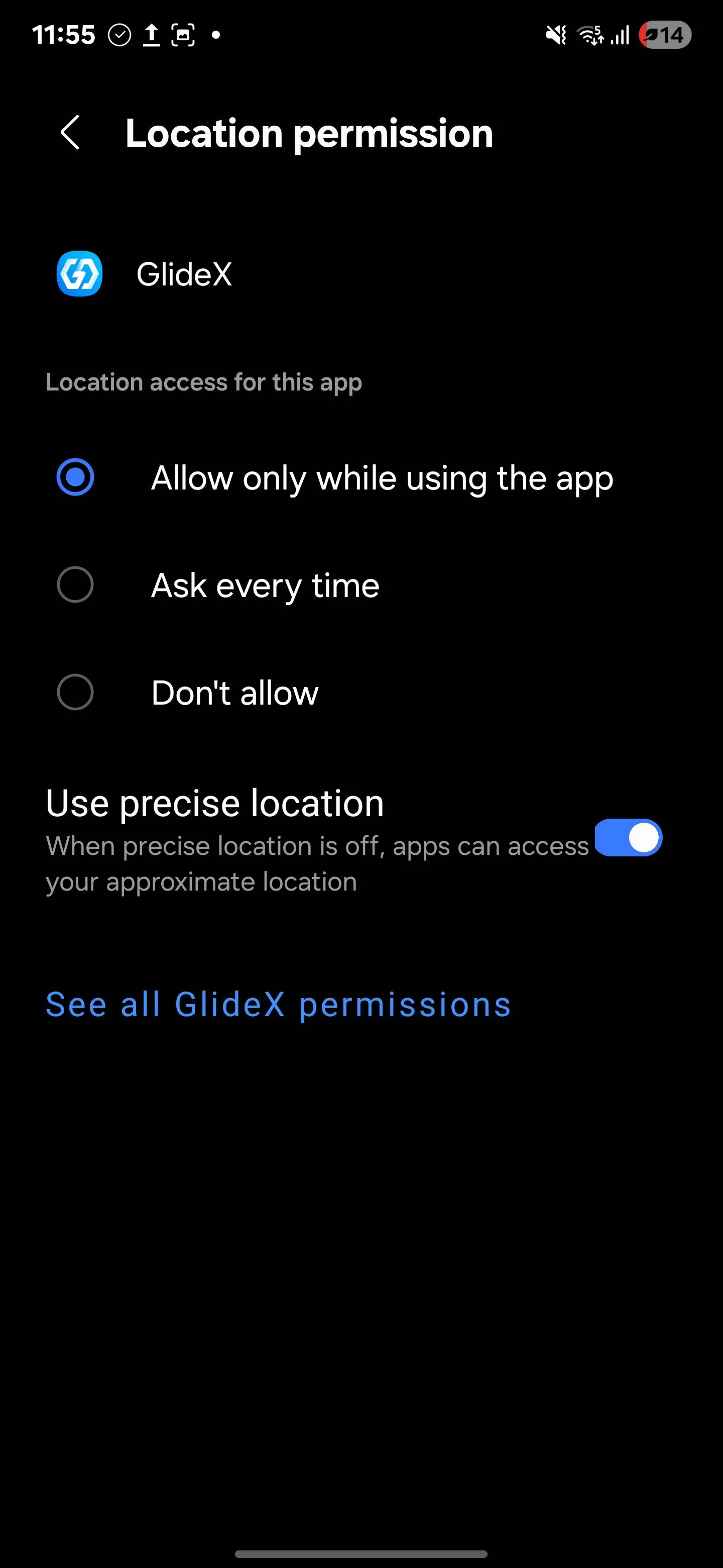Giao diện cài đặt quyền vị trí của một ứng dụng cụ thể trên Android, cho phép tắt tùy chọn &quot;Sử dụng vị trí chính xác&quot;