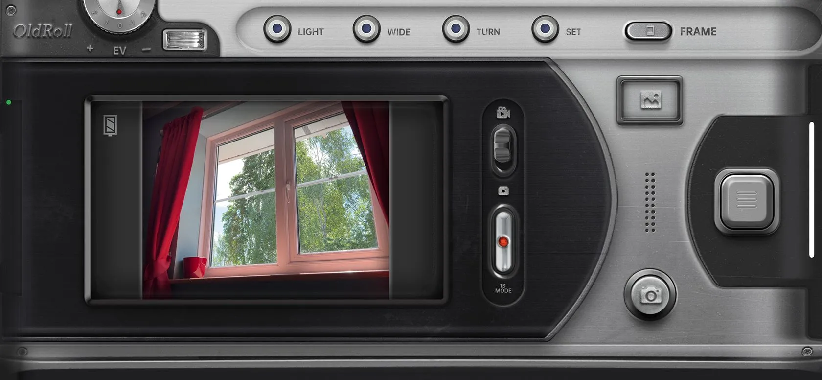 Giao diện camera quay video trong ứng dụng OldRoll với phong cách cổ điển
