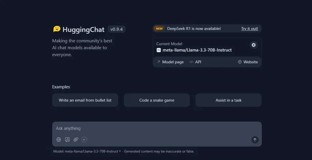 Giao diện của ứng dụng HuggingChat, một công cụ AI bên thứ ba sử dụng API của OpenAI