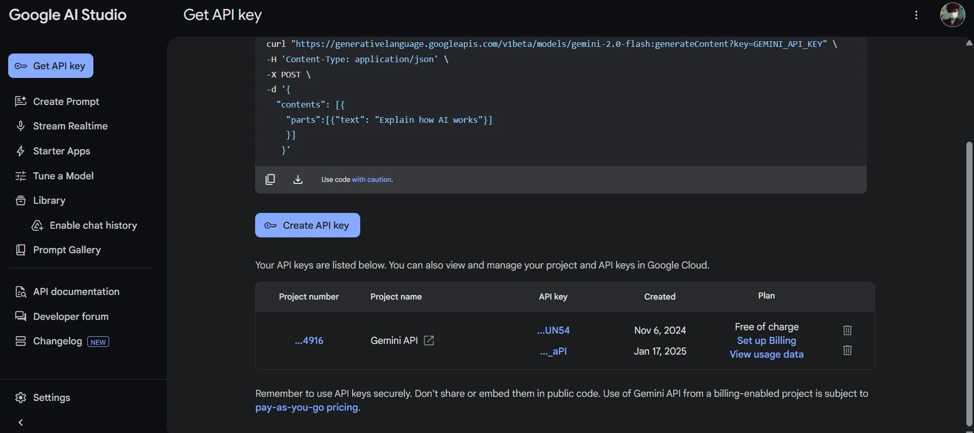 Giao diện Google AI Studio hướng dẫn tạo khóa API miễn phí cho Gemini, cần thiết để tích hợp AI vào Logseq qua plugin AssistSeq.