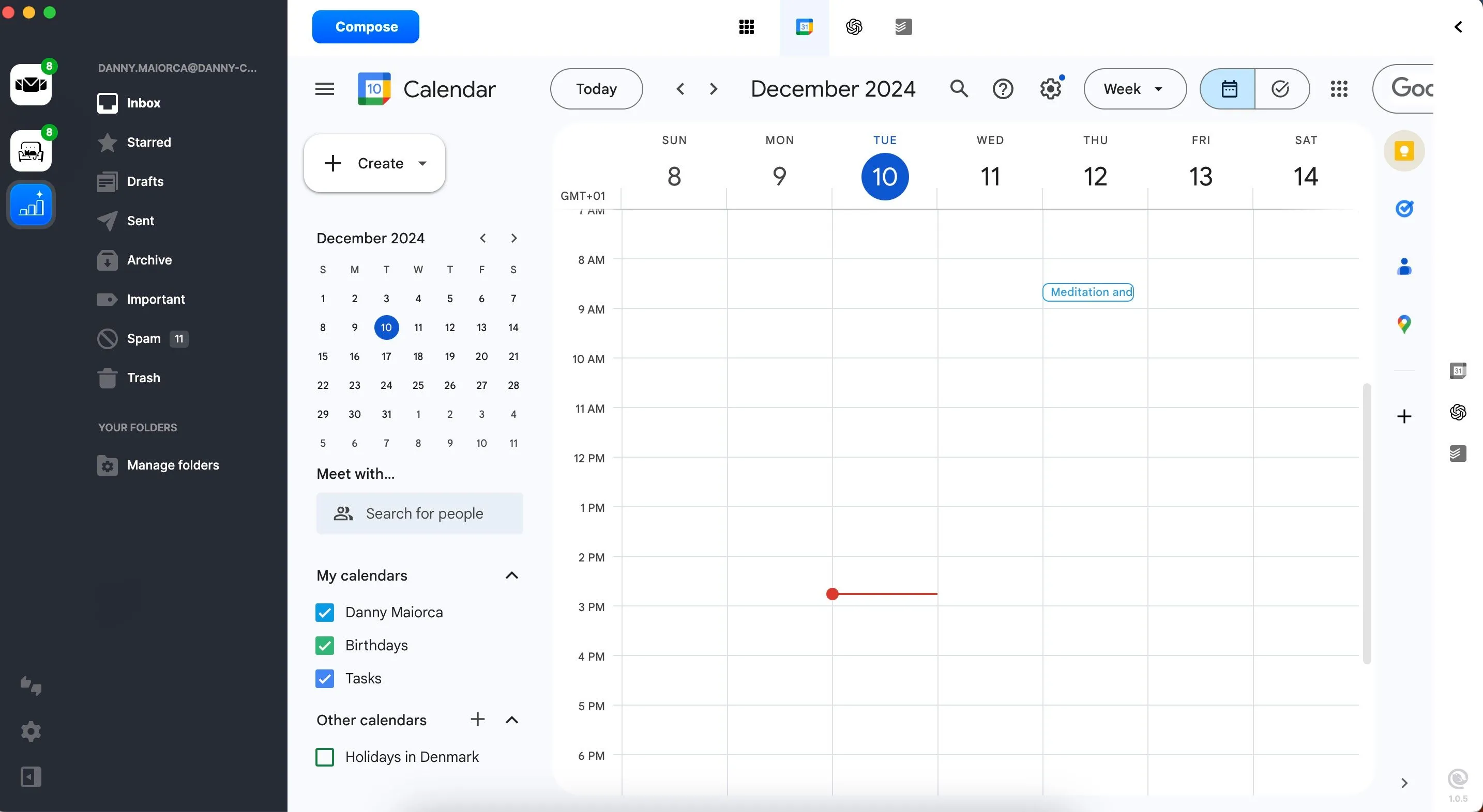 Giao diện Google Calendar tích hợp liền mạch trong Mailbird hiển thị các sự kiện sắp tới