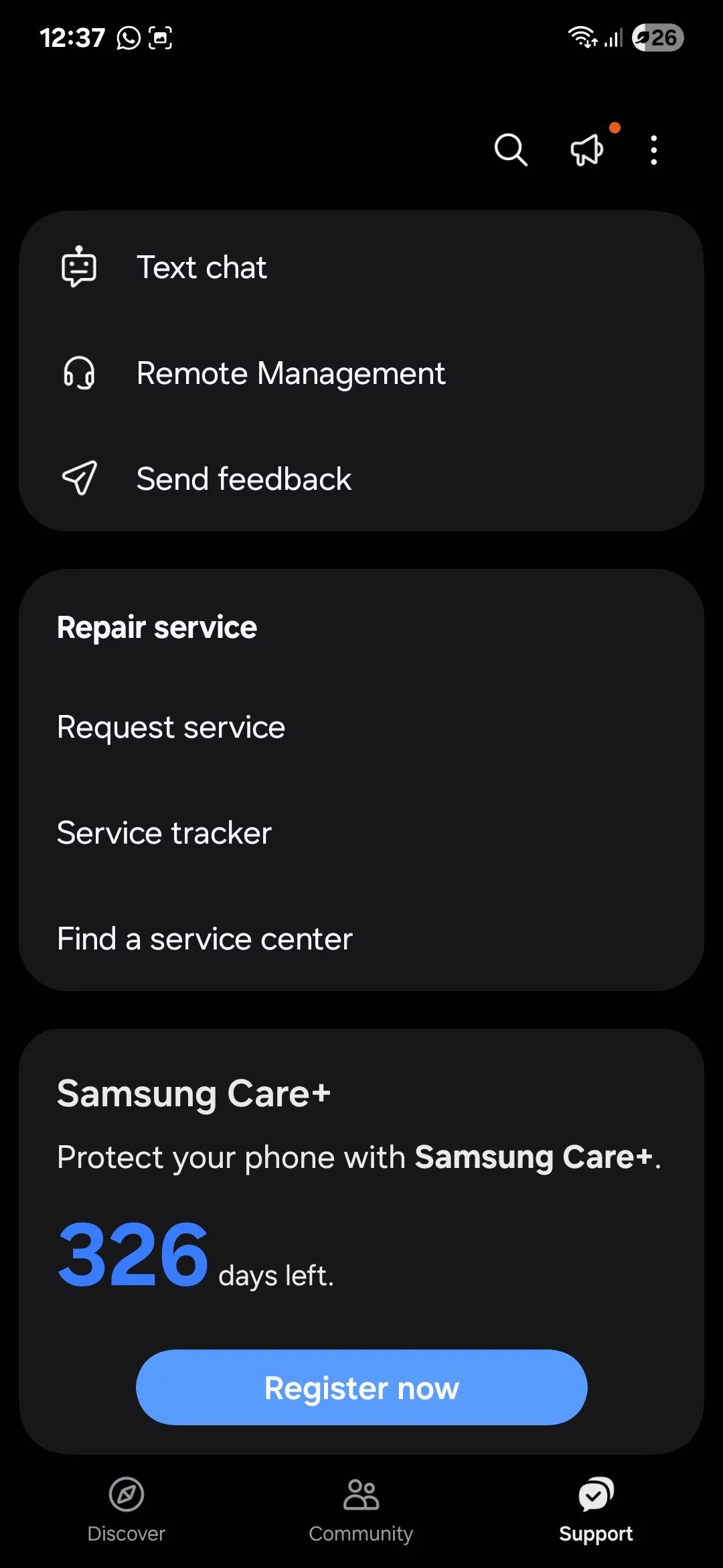 Giao diện hỗ trợ và chẩn đoán thiết bị trong ứng dụng Samsung Members.