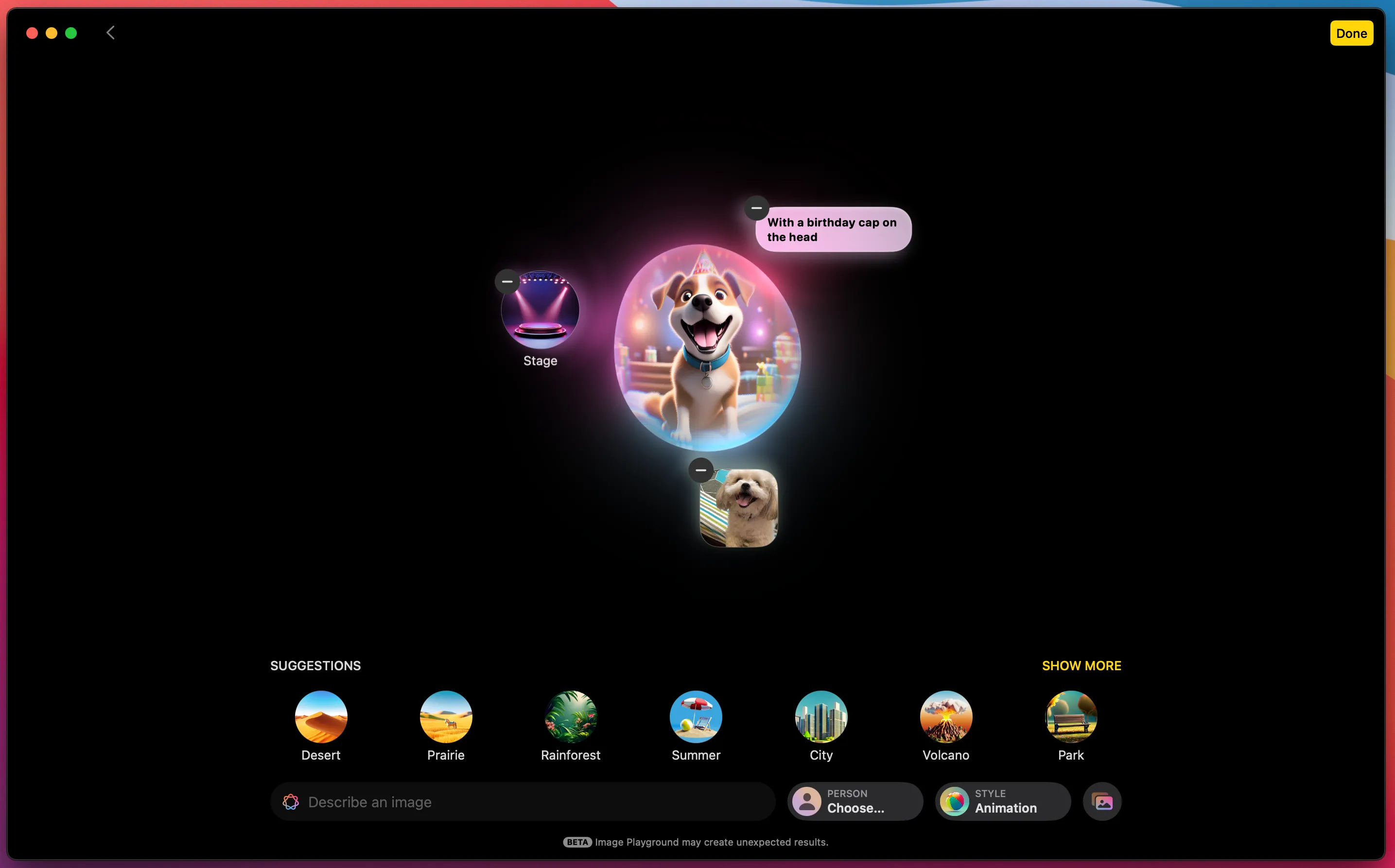 Giao diện Image Playground của Apple Intelligence đang tạo hình ảnh AI một chú chó theo phong cách hoạt hình