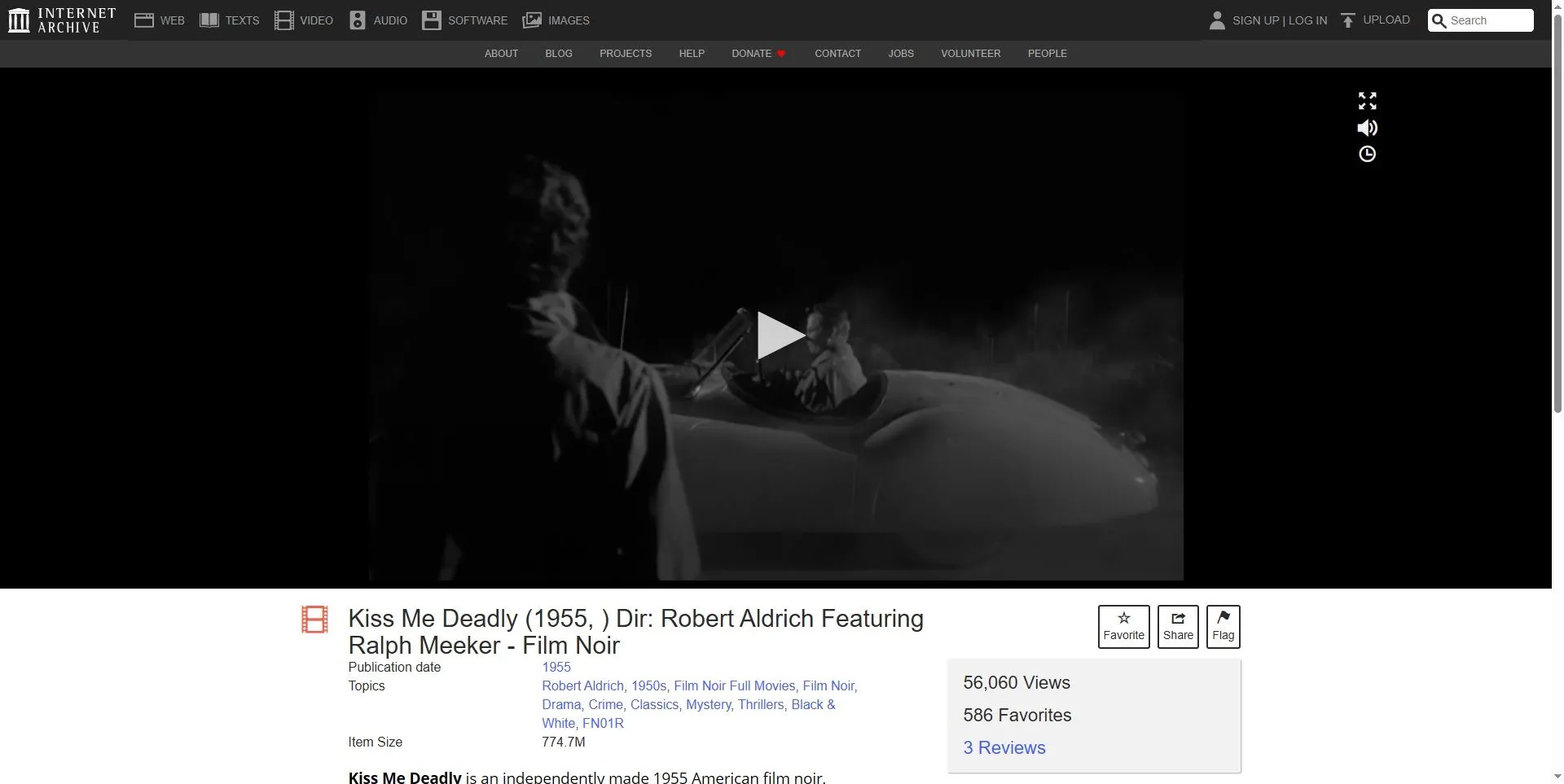 Giao diện Internet Archive hiển thị bộ phim kinh điển Kiss Me Deadly năm 1955