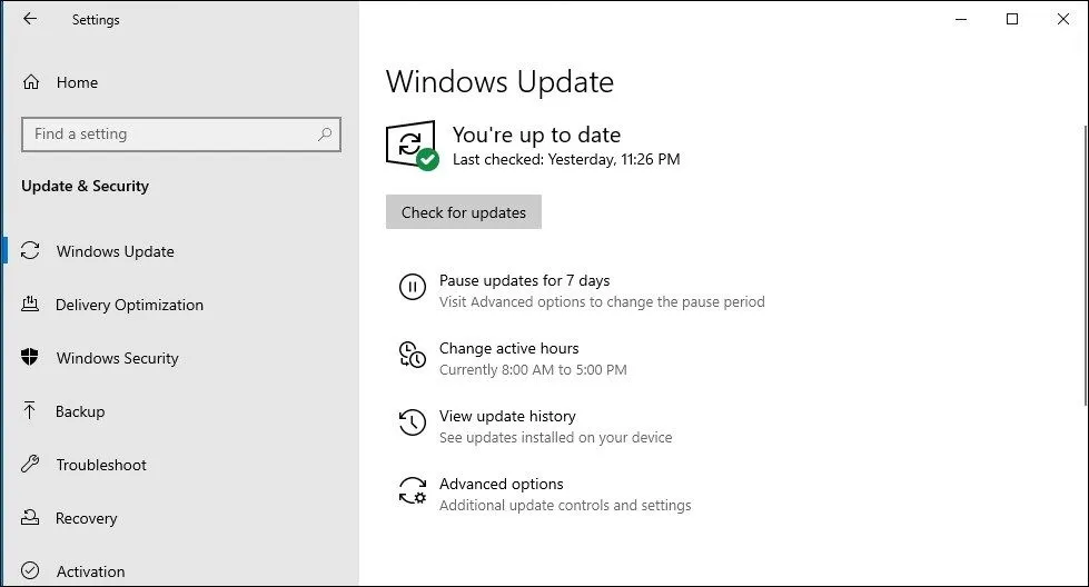 Giao diện kiểm tra các bản cập nhật bảo mật trên Windows 10, một yếu tố quan trọng khi hệ điều hành này sắp hết hỗ trợ.
