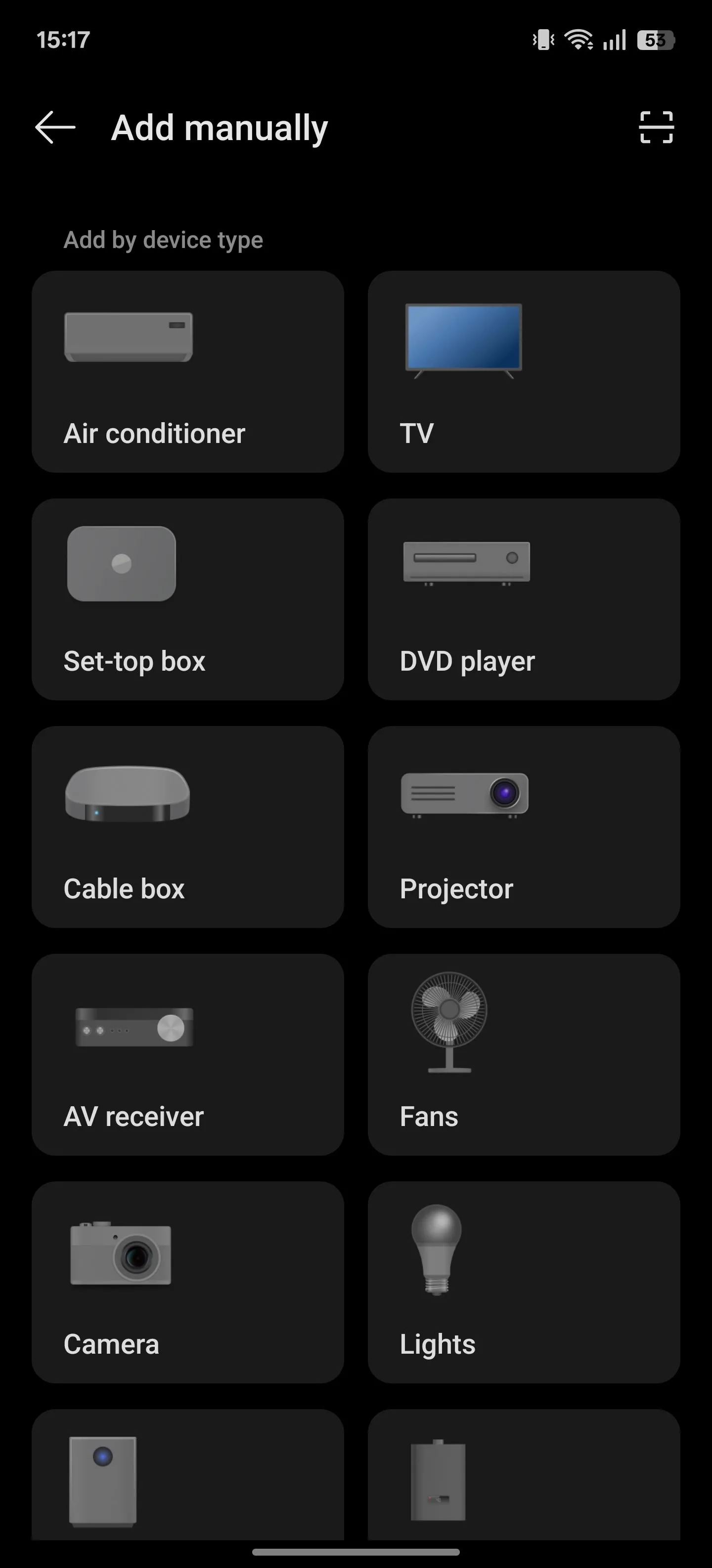 Giao diện lựa chọn loại thiết bị (TV, điều hòa) trong ứng dụng điều khiển IR Remote trên OnePlus