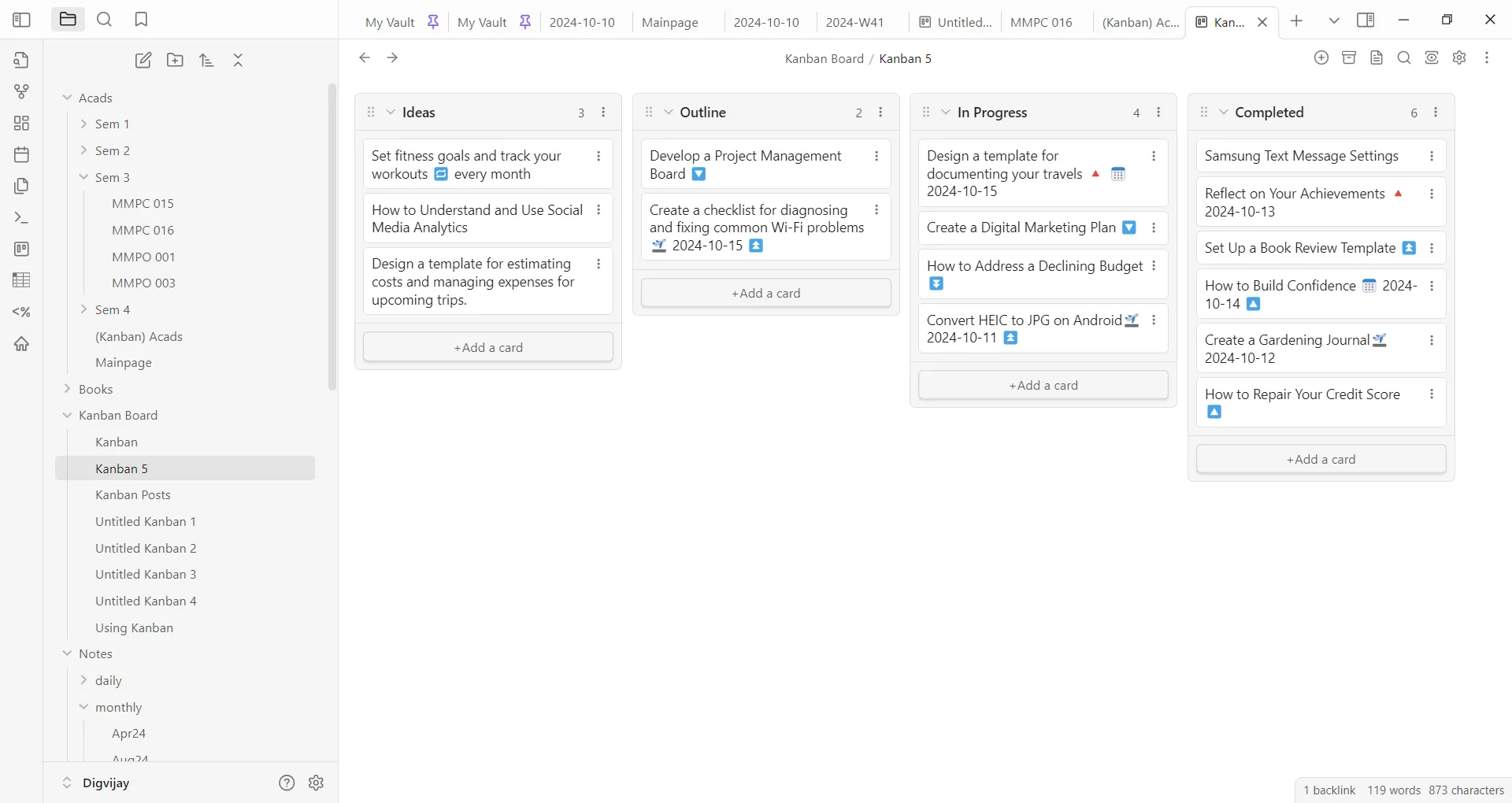 Giao diện plugin Kanban trong Obsidian, minh họa công cụ quản lý tác vụ trực quan có thể dẫn đến việc quá chú trọng vào việc tạo hệ thống hoàn hảo.