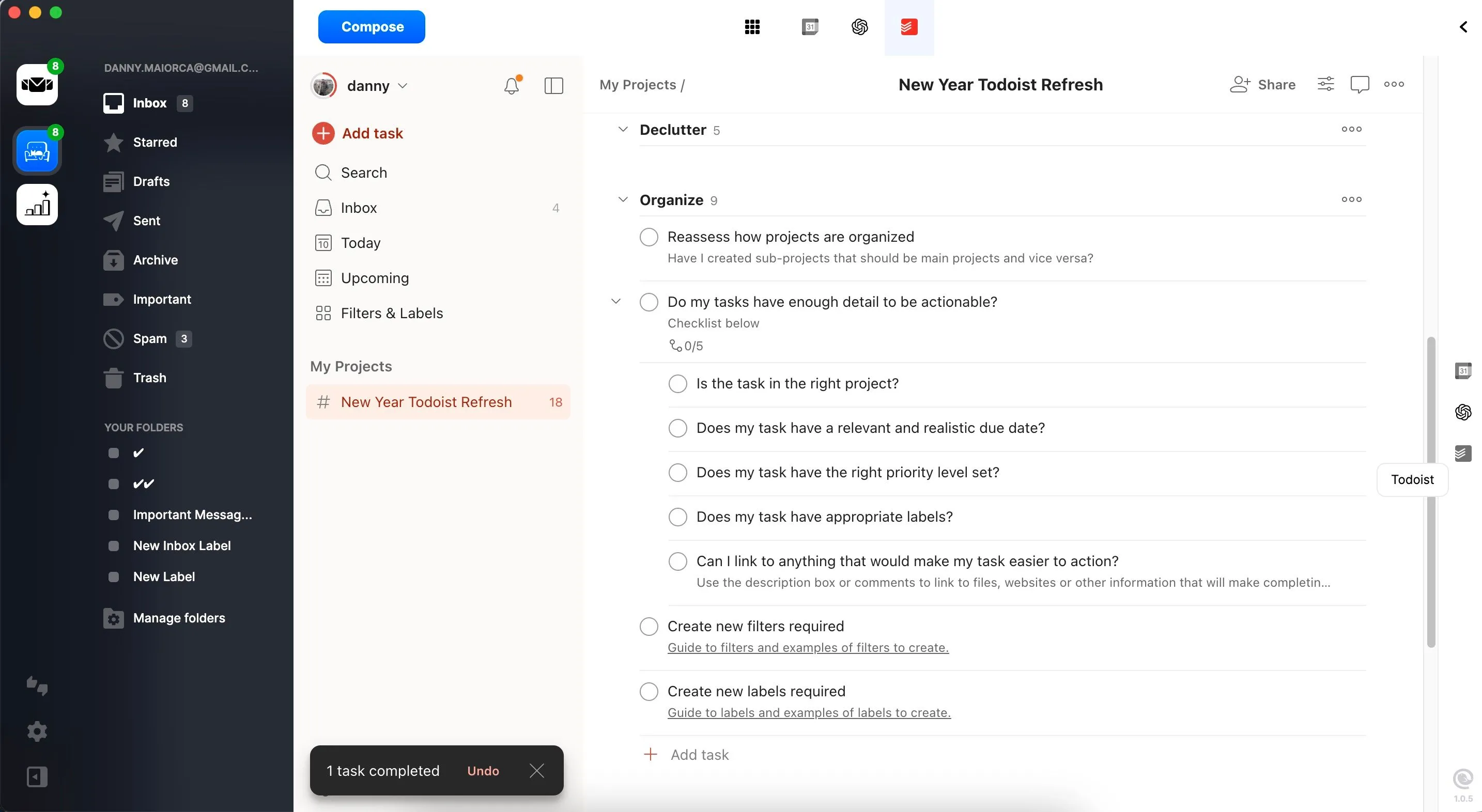 Giao diện quản lý các nhiệm vụ trong Todoist trực tiếp từ ứng dụng Mailbird