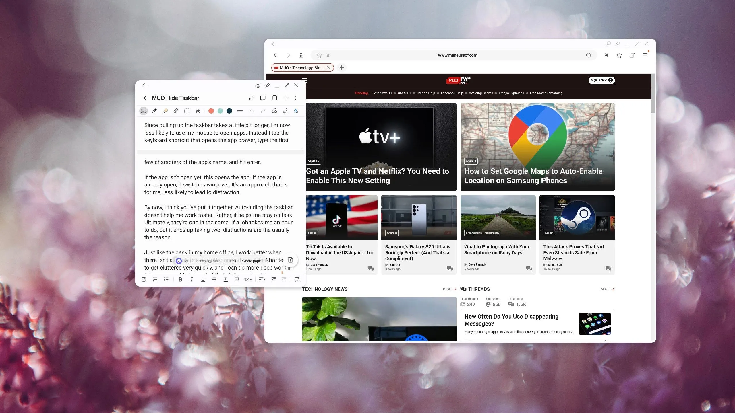 Giao diện Samsung DeX với ứng dụng Samsung Notes và Internet đang mở, minh họa không gian làm việc tập trung.