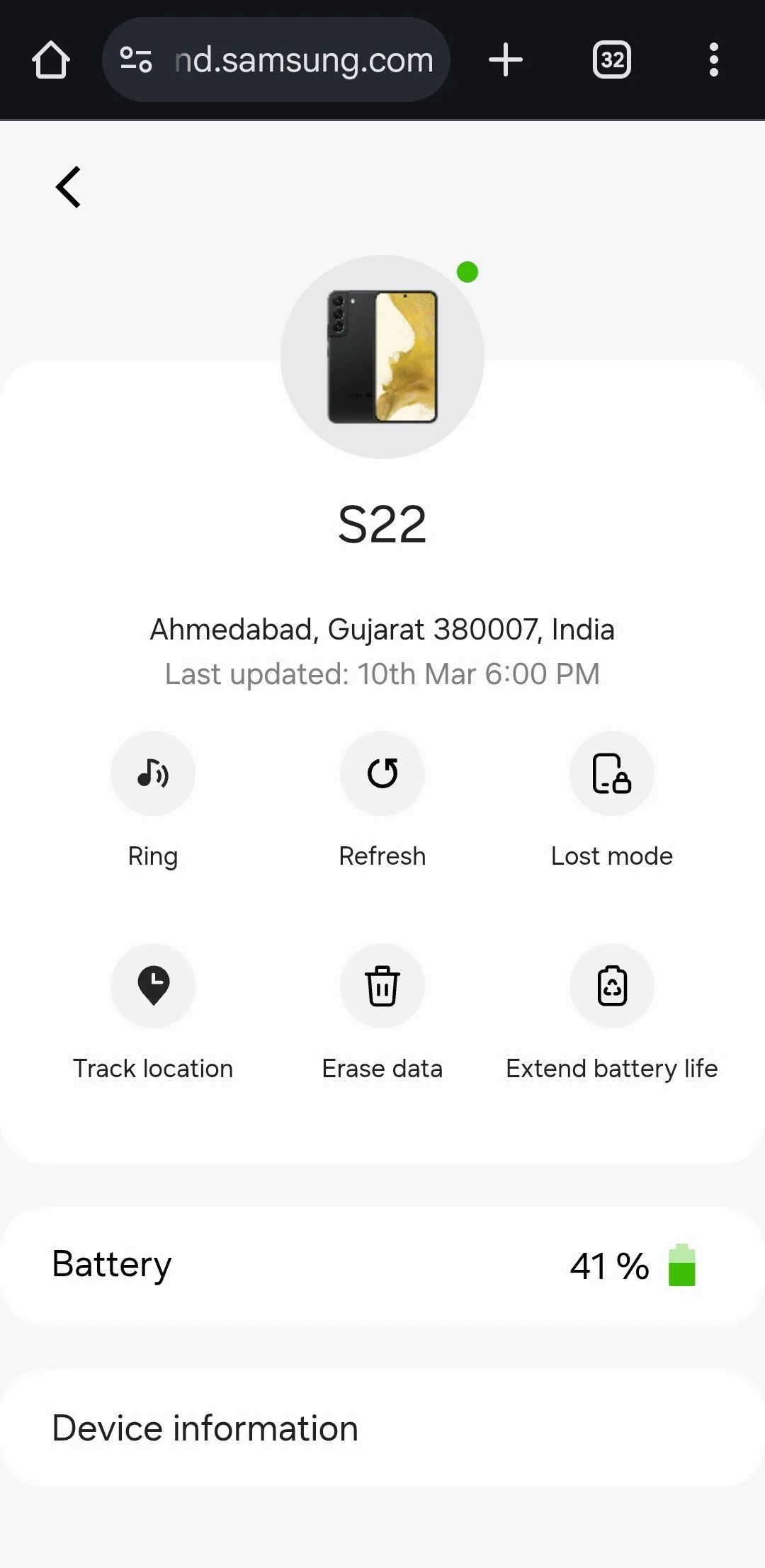 Giao diện SmartThings Find trên trình duyệt Android, hiển thị các tùy chọn tìm kiếm và quản lý thiết bị Samsung bị mất