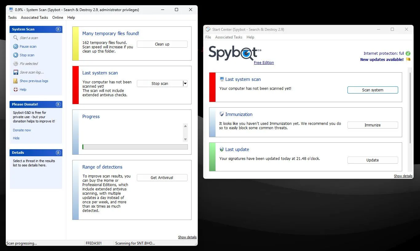 Giao diện Spybot – Search &amp; Destroy đang quét máy tính Windows để tìm kiếm và gỡ bỏ spyware, phần mềm gián điệp.