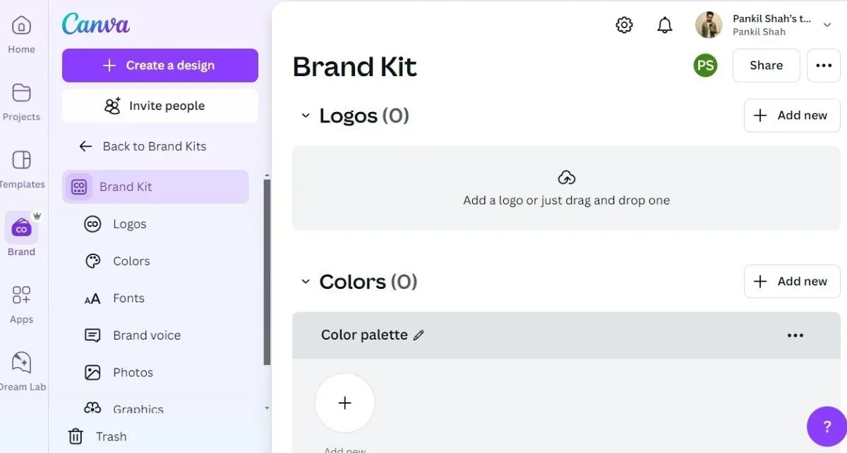 Giao diện tab 'Brand Kit' trong Canva giúp quản lý bộ nhận diện thương hiệu hiệu quả.
