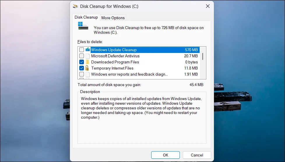 Giao diện tiện ích Disk Cleanup đang chạy trên Windows 11