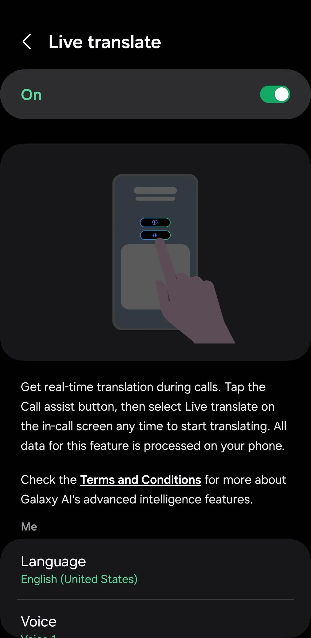 Giao diện tính năng Live Translate (Dịch trực tiếp) trên ứng dụng Điện thoại Samsung, hỗ trợ giao tiếp đa ngôn ngữ