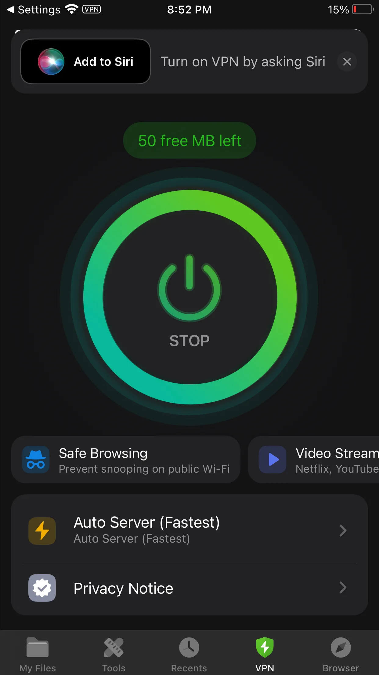 Giao diện tính năng VPN trong ứng dụng Documents by Readdle trên iPhone