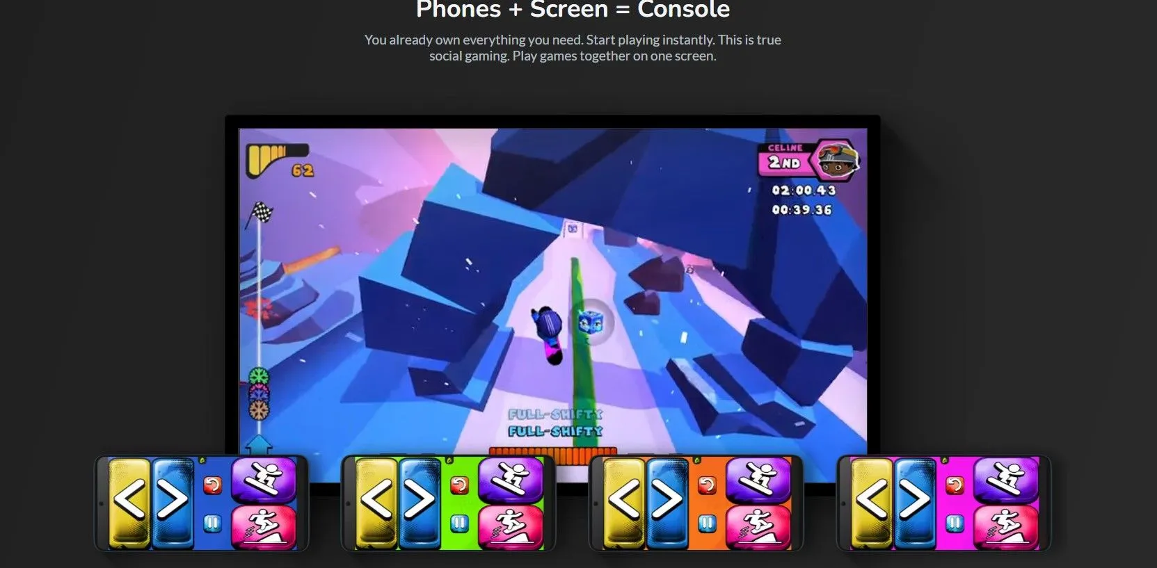 Giao diện trang chủ AirConsole trên màn hình lớn, thể hiện các tựa game có thể chơi bằng điện thoại làm tay cầm