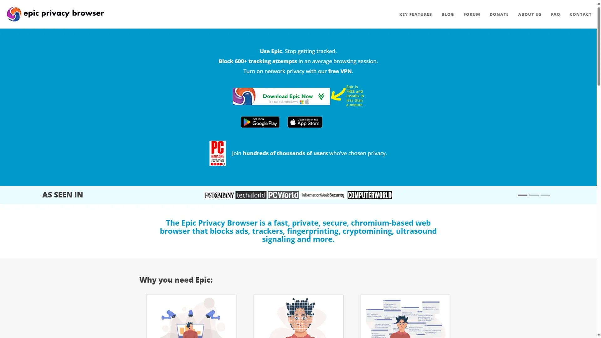 Giao diện trang chủ của Epic Privacy Browser