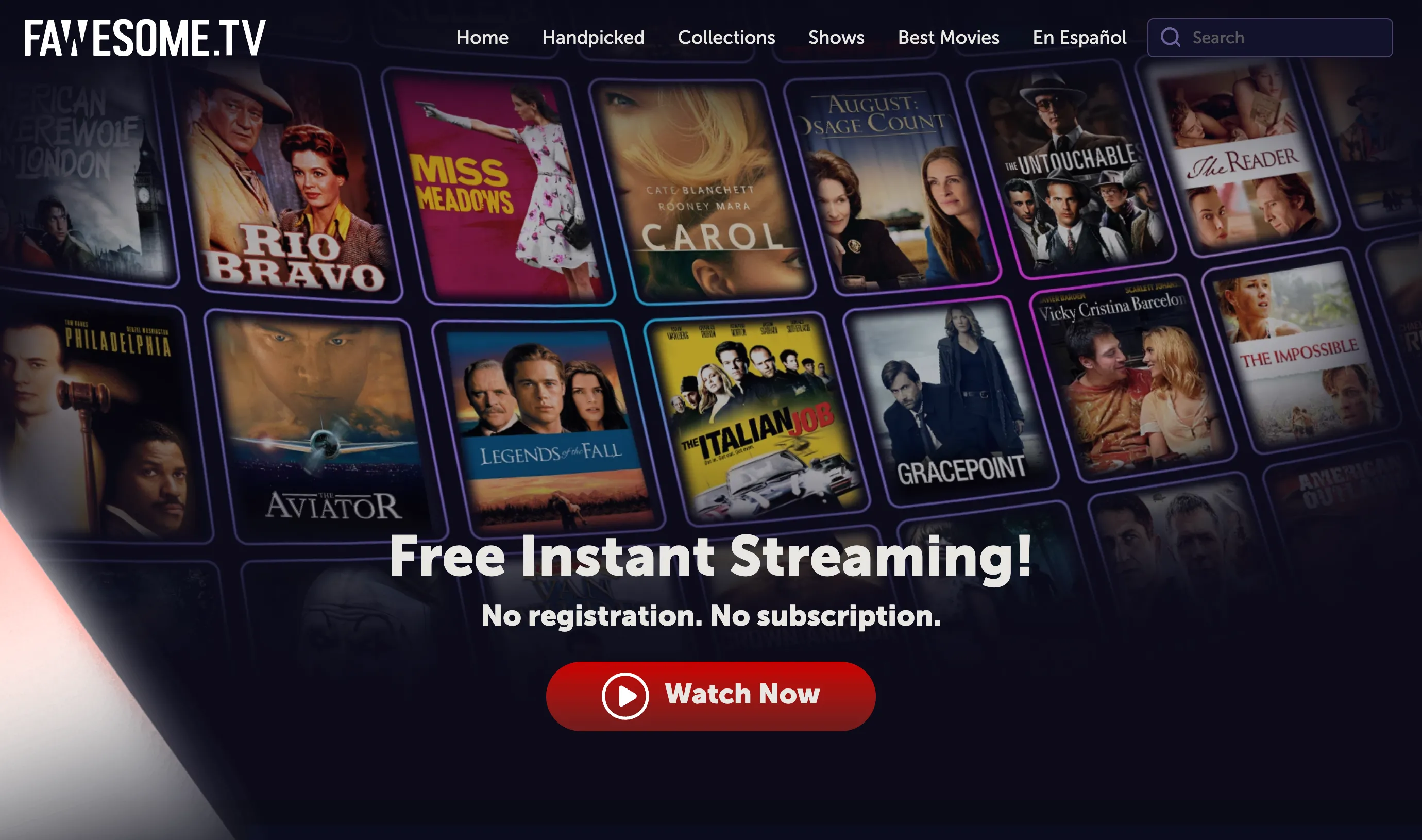Giao diện trang chủ Fawesome TV, một dịch vụ xem phim trực tuyến miễn phí không yêu cầu đăng ký, cung cấp hơn 100.000 tựa phim.