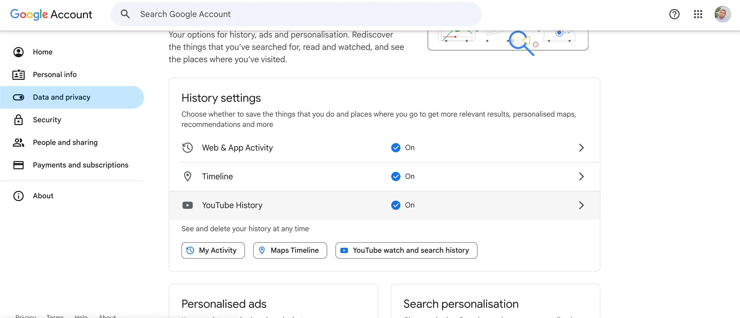 Giao diện trang Dữ liệu và Quyền riêng tư trong Tài khoản Google, nơi người dùng điều chỉnh cài đặt theo dõi hoạt động.