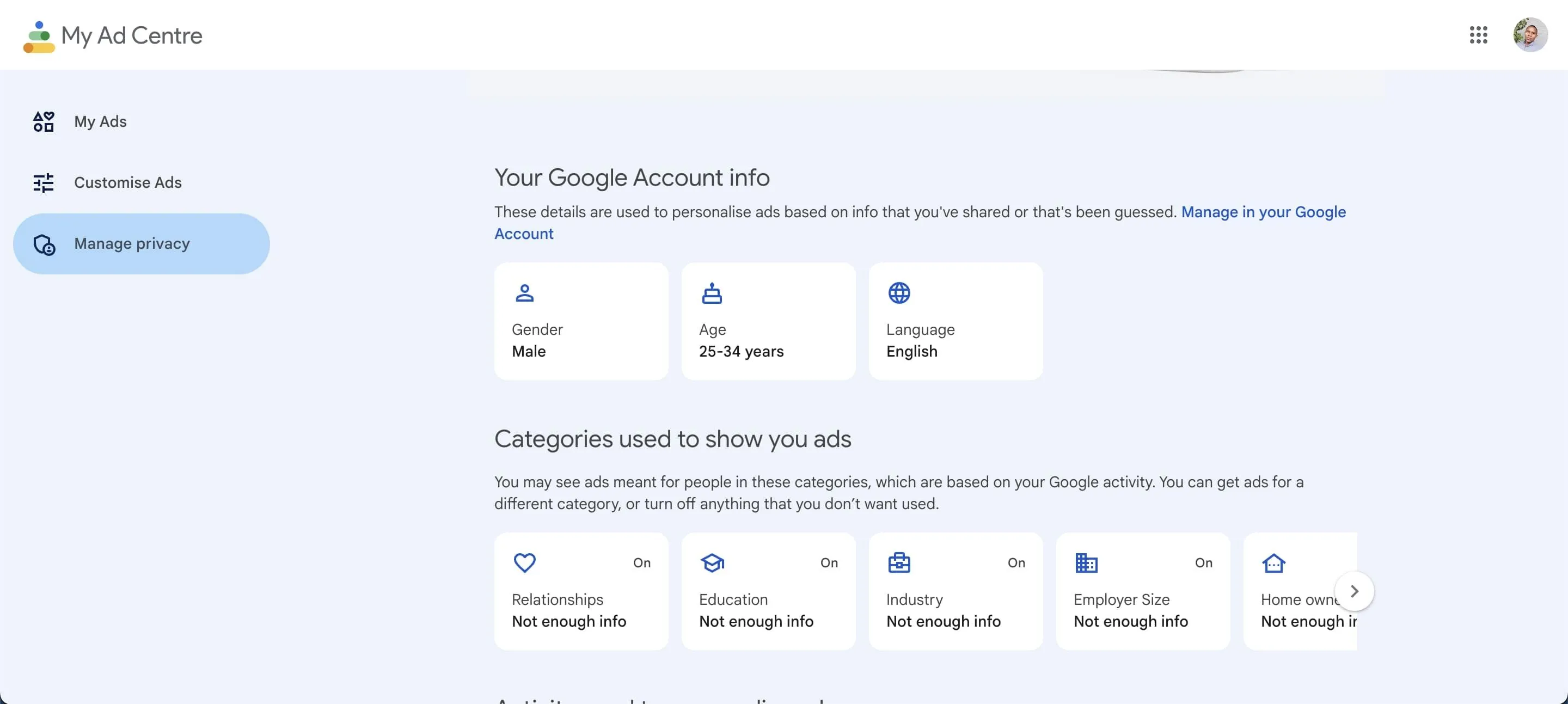 Giao diện trang trung tâm quảng cáo của Google, nơi người dùng có thể xem và quản lý hồ sơ quảng cáo cá nhân.