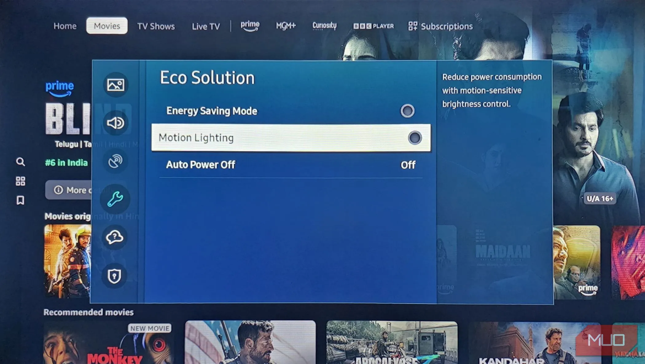 Giao diện tùy chỉnh chế độ Eco Solution trên TV Samsung, nơi tắt các tính năng tiết kiệm điện để HDR hiển thị tốt nhất