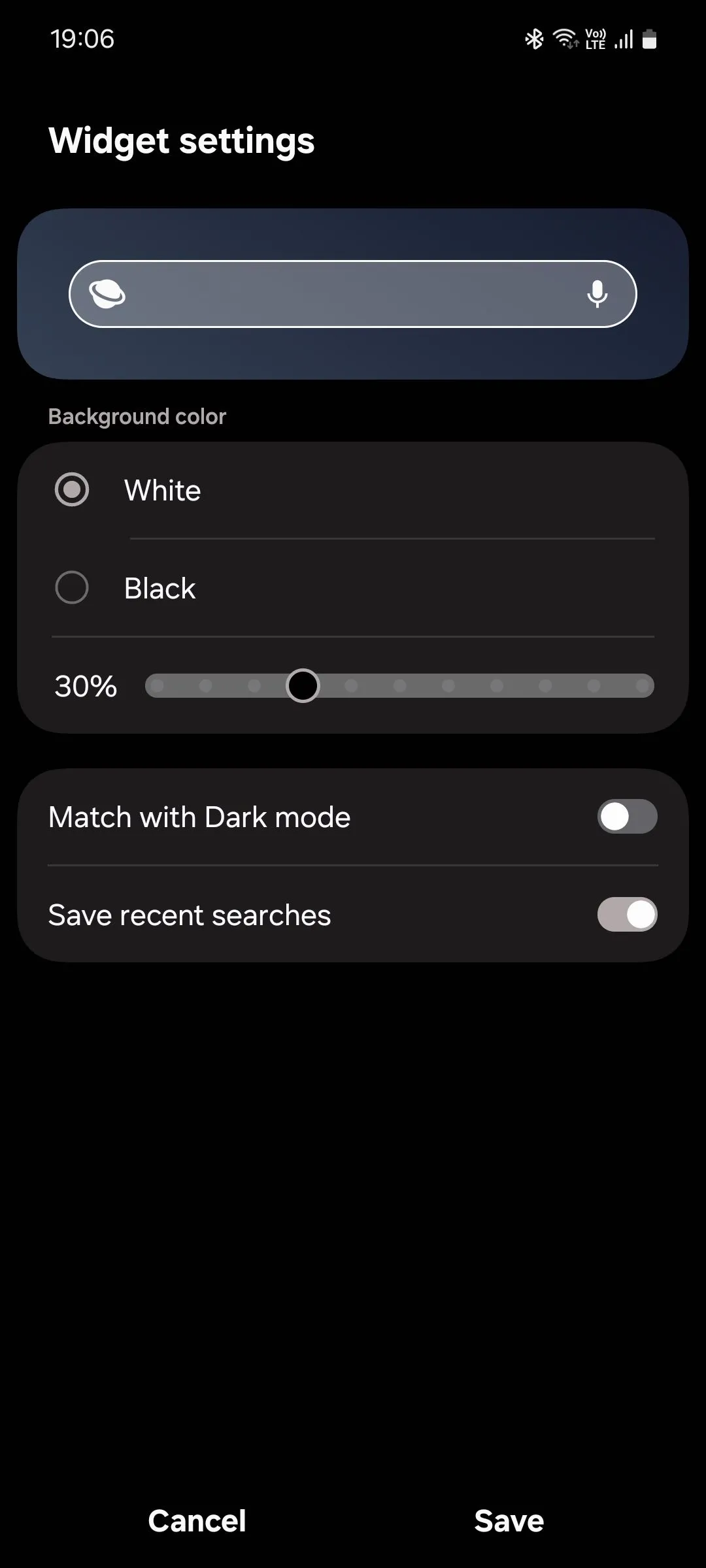 Giao diện tùy chỉnh widget tìm kiếm của Samsung Internet