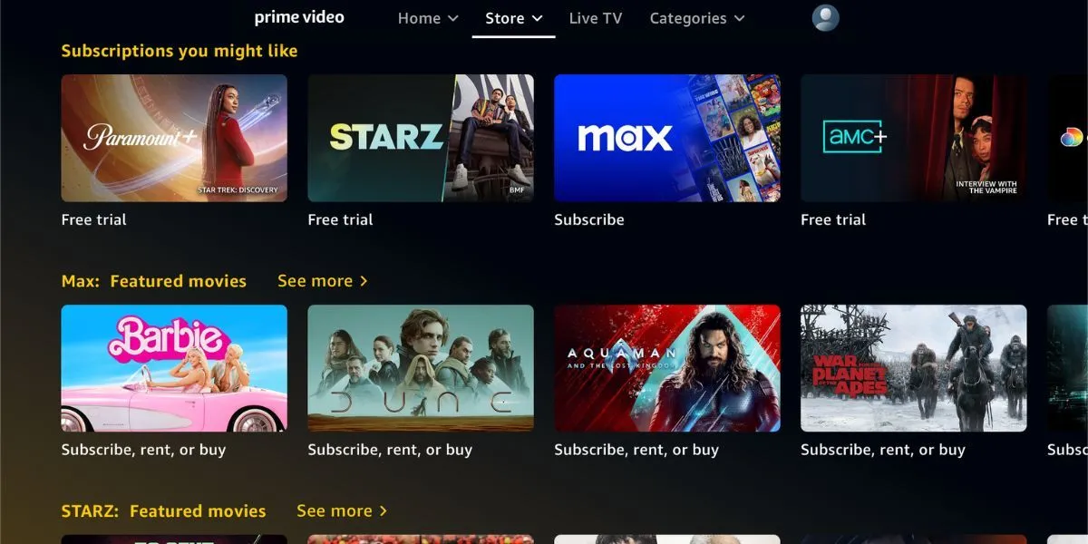 Giao diện ứng dụng Amazon Prime Video hiển thị các kênh và nội dung phim ảnh đa dạng.