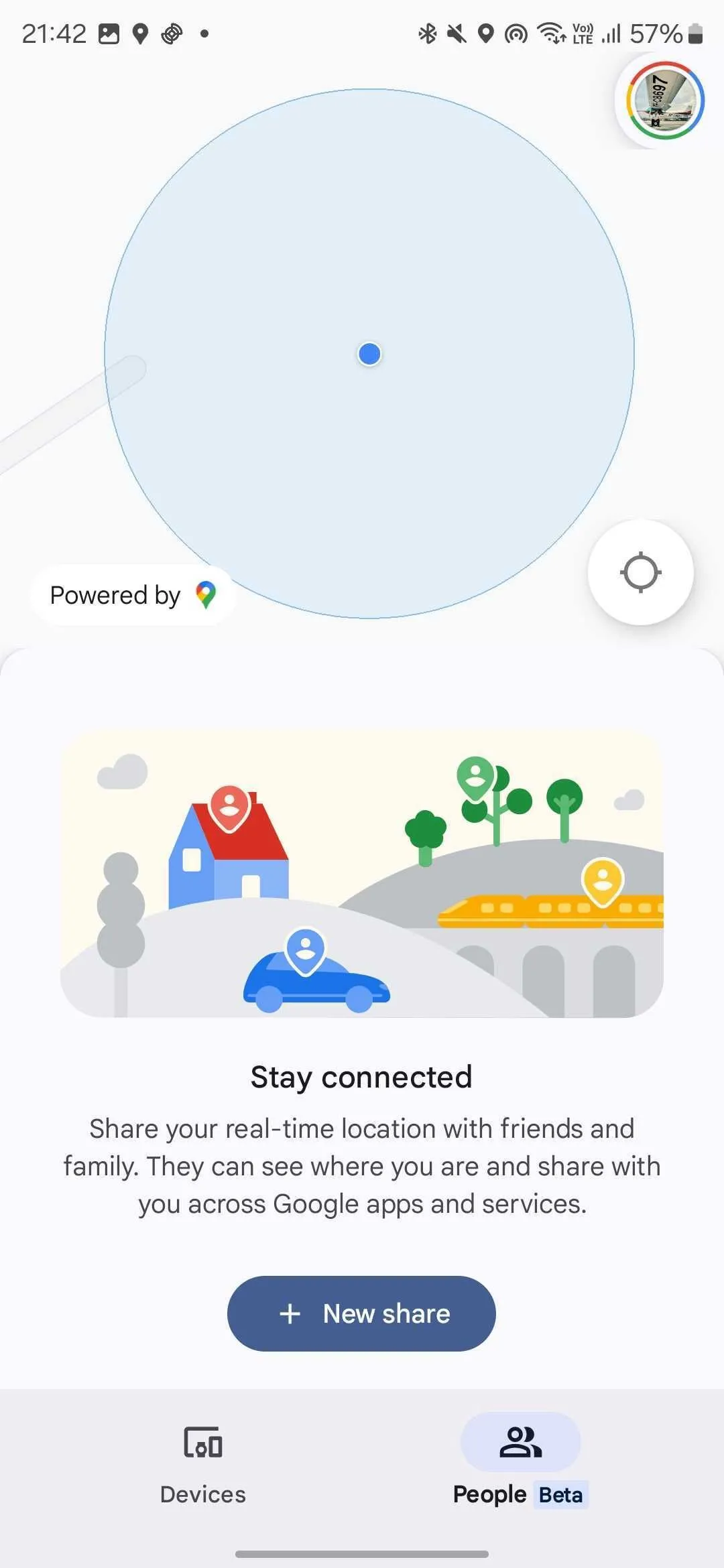 Giao diện ứng dụng Google Tìm thiết bị của tôi với tab &quot;Mọi người (Beta)&quot; được chọn, hiển thị tùy chọn &quot;Chia sẻ mới&quot;.