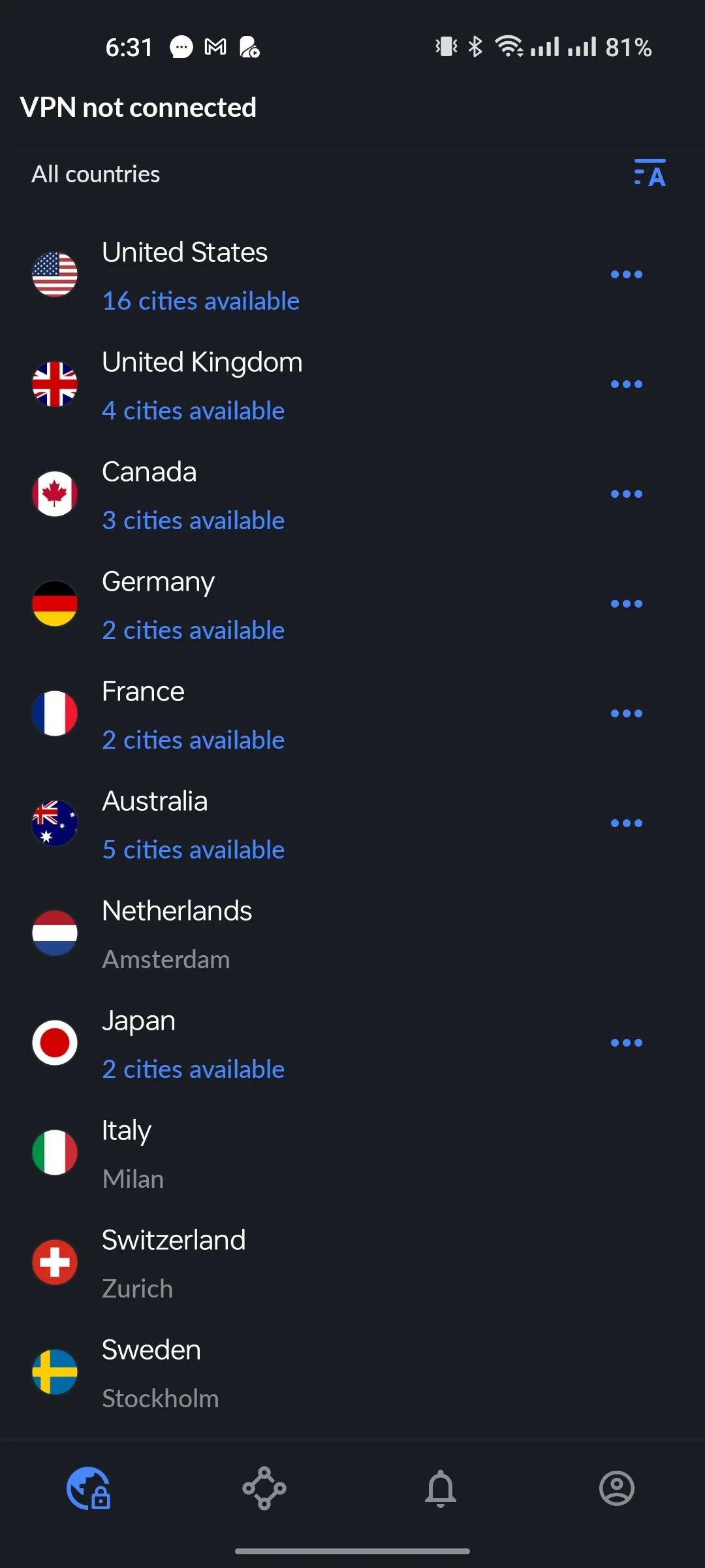 Giao diện ứng dụng NordVPN hiển thị danh sách các quốc gia máy chủ để kết nối