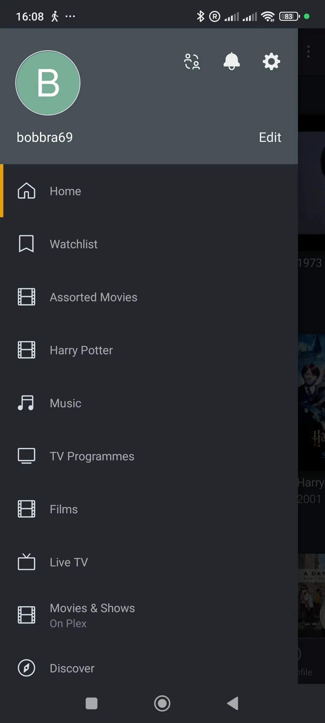 Giao diện ứng dụng Plex trên điện thoại Android, minh họa khả năng truy cập media từ thiết bị di động.