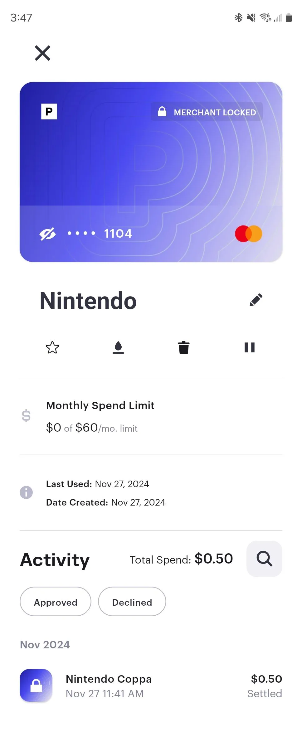 Giao diện ứng dụng Privacy trên Android tạo thẻ thanh toán ảo dùng một lần cho giao dịch Nintendo.