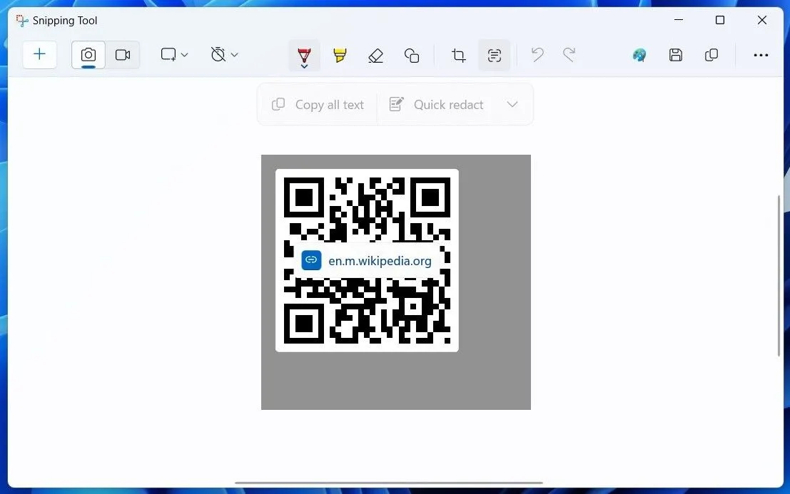 Giao diện ứng dụng Snipping Tool trên Windows 11 đang quét mã QR từ ảnh