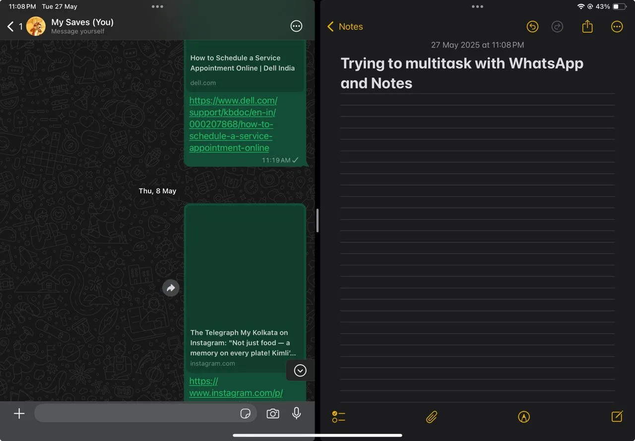 Giao diện WhatsApp trên iPad hiển thị trong chế độ Split View cùng một ứng dụng khác