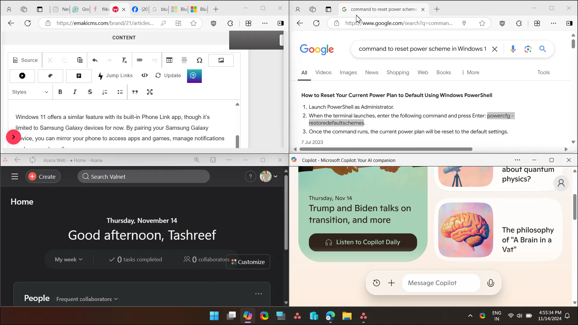 Giao diện Windows 11 với tính năng Snap Layouts, hiển thị bốn cửa sổ ứng dụng được sắp xếp gọn gàng trên màn hình.