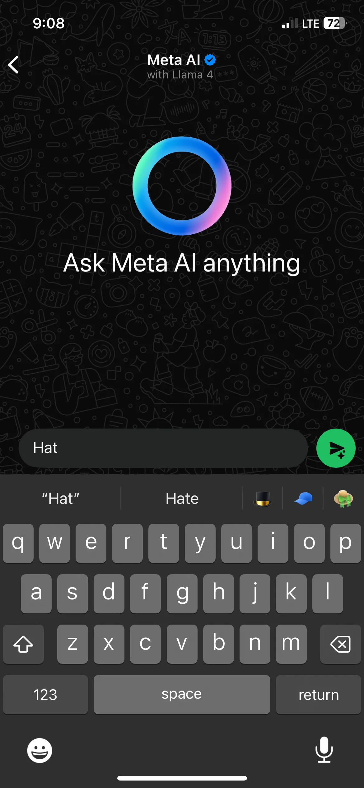 Gõ từ &quot;hat&quot; (mũ) để nhận gợi ý biểu tượng cảm xúc trên iPhone.