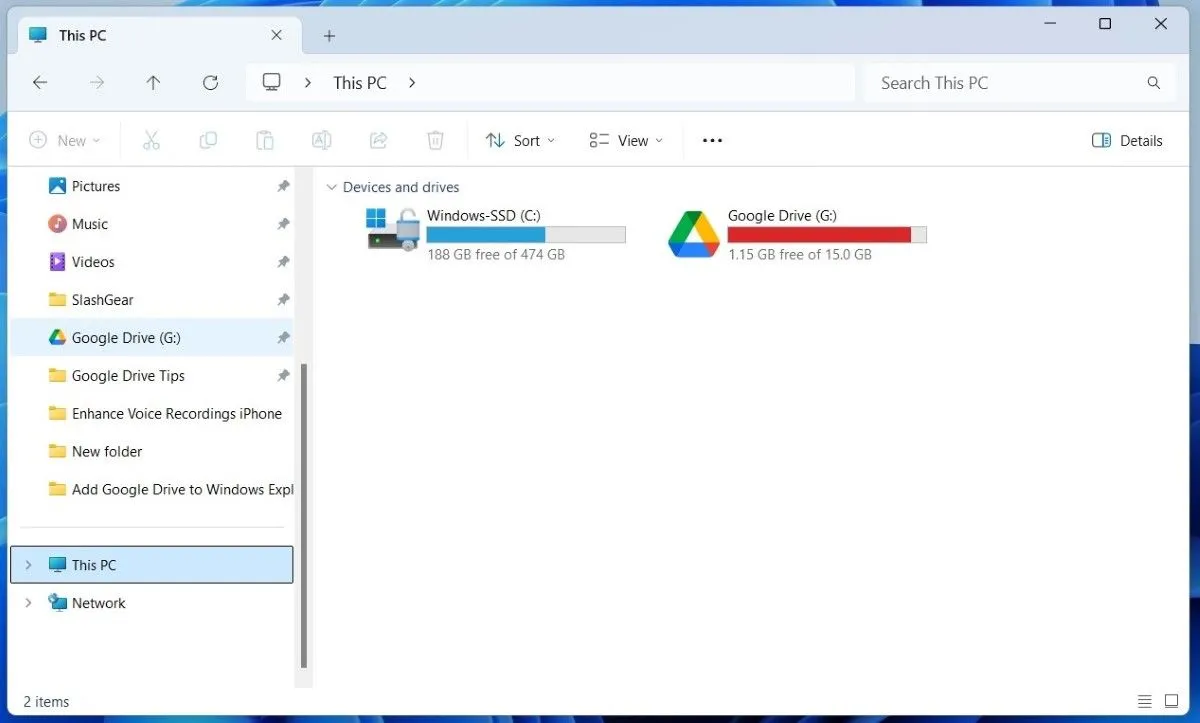 Google Drive hiển thị trong Windows 11 File Explorer, minh họa khả năng truy cập ổ đĩa và thư mục dễ dàng