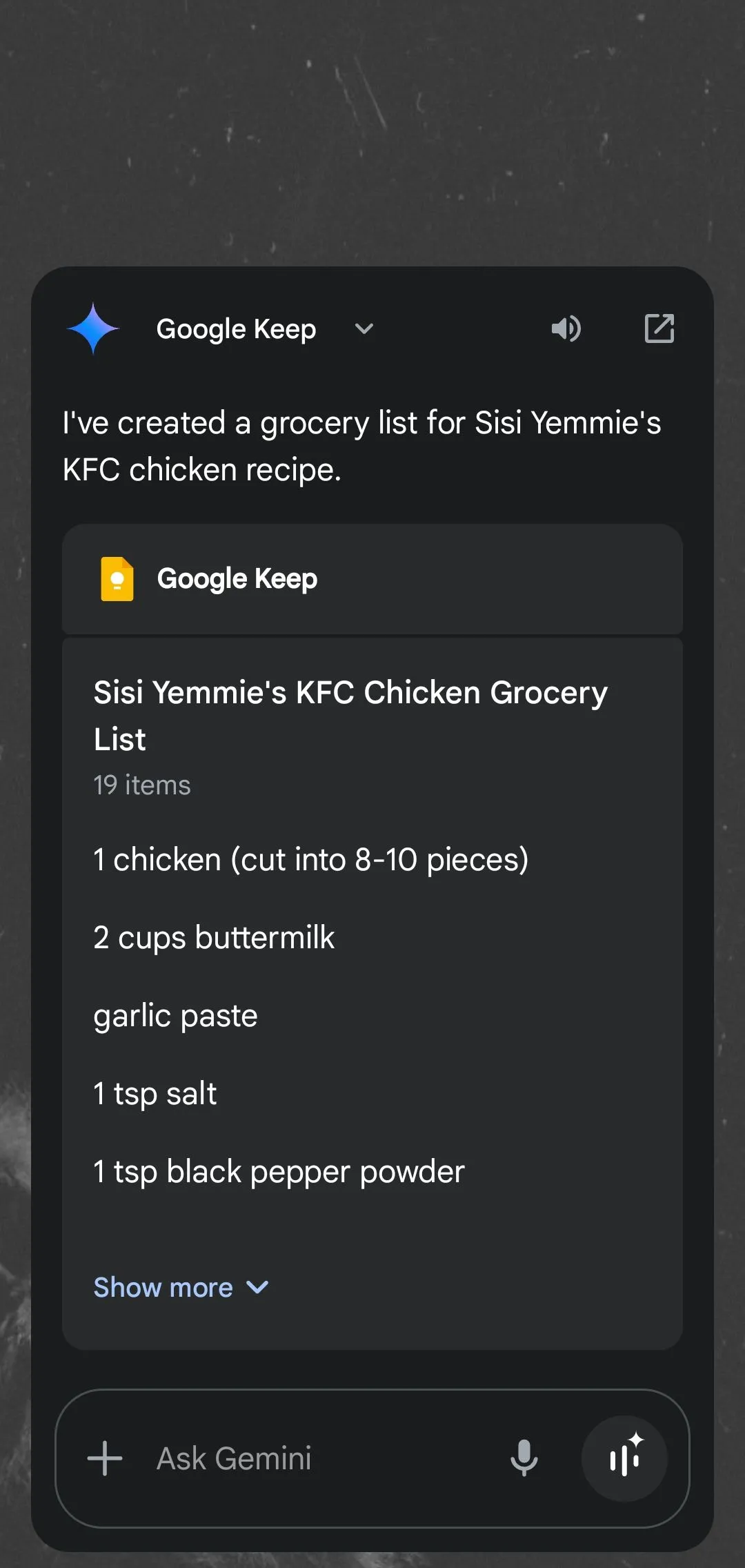 Google Gemini tạo và hiển thị danh sách mua sắm trên ứng dụng Google Keep