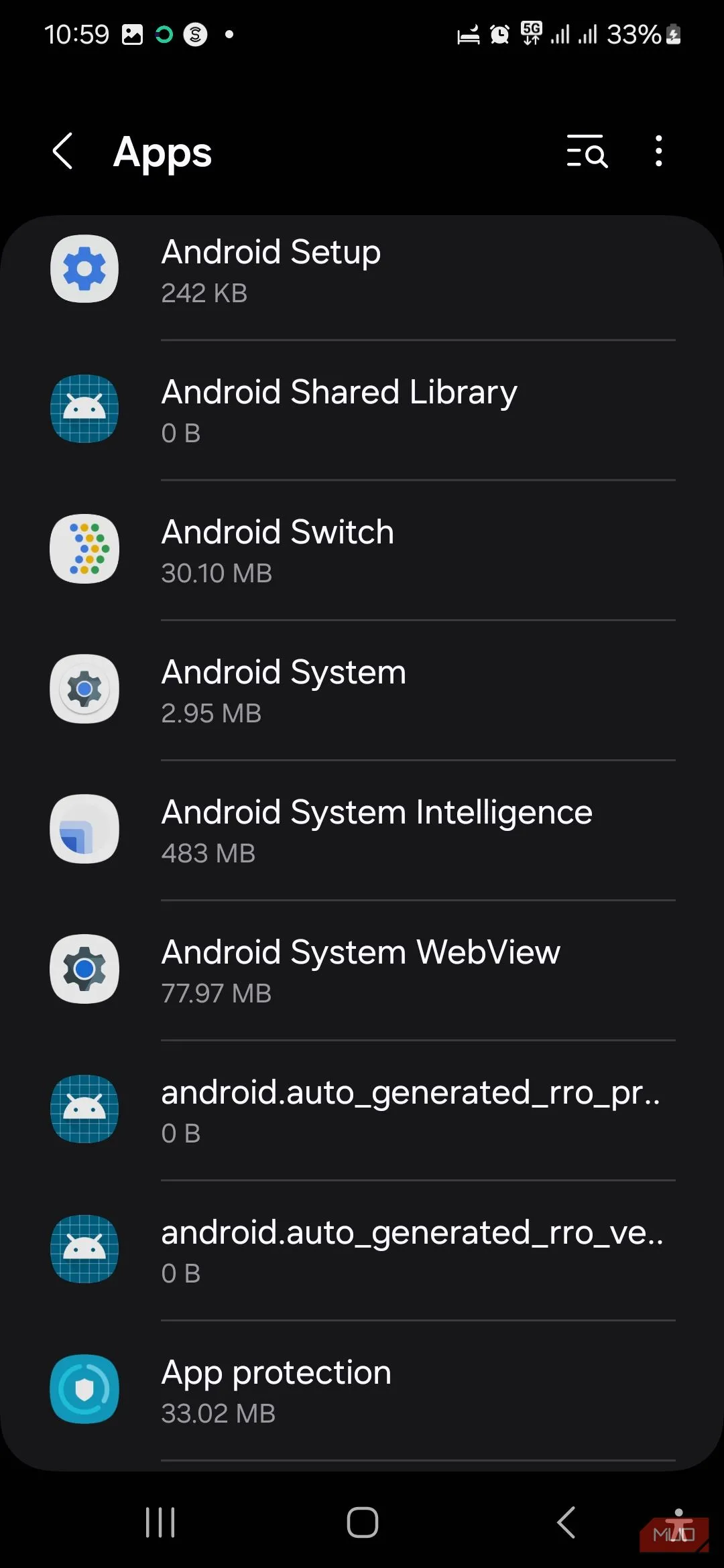 Hệ thống Android trong danh sách ứng dụng của điện thoại Samsung