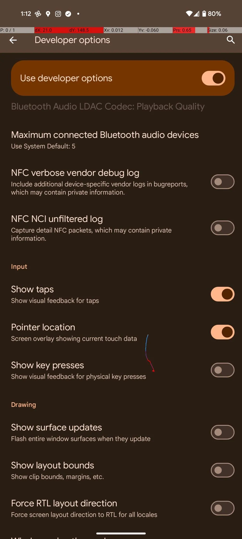 Hiển thị điểm chạm màn hình và vị trí con trỏ trên Pixel 8 Pro thông qua Developer Options để kiểm tra cảm ứng