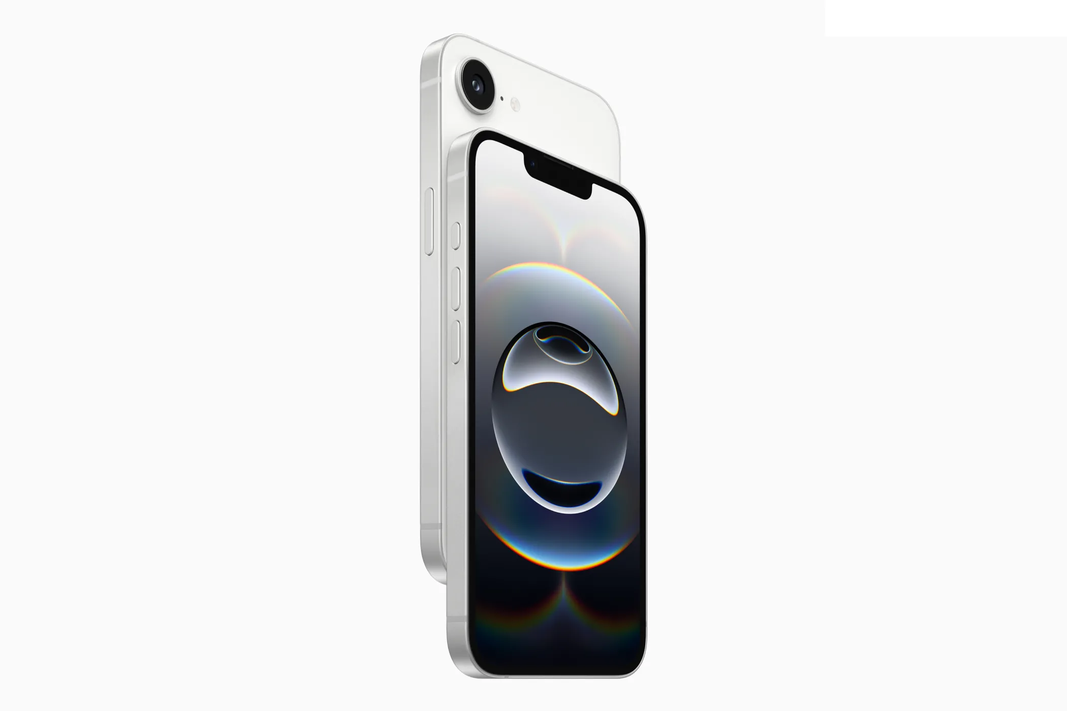 Hình ảnh cận cảnh iPhone 16e màu trắng hiển thị thiết kế tai thỏ đặc trưng